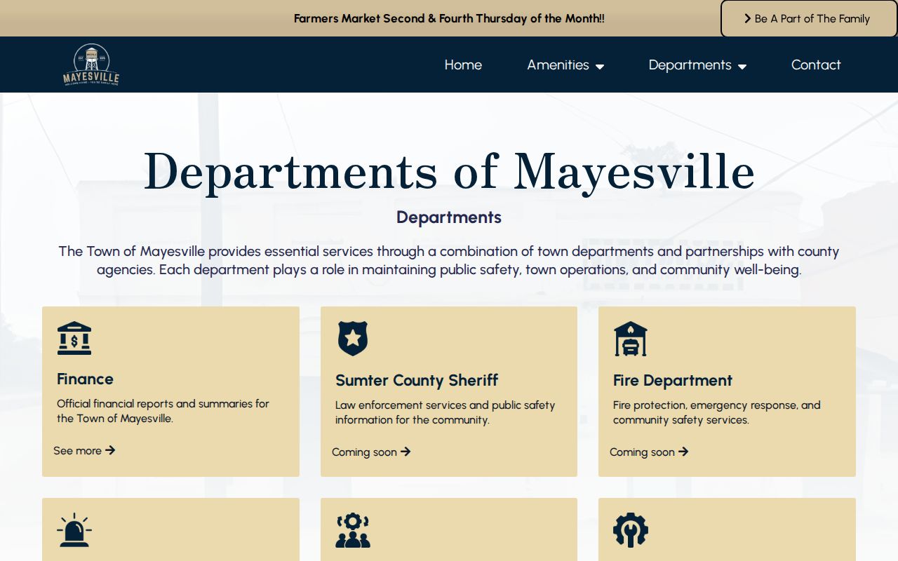 Mayesville departments page showing the town's public-safety service information