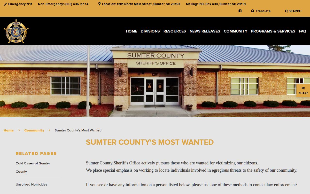 Sumter County Sheriff's official most wanted fugitives listing