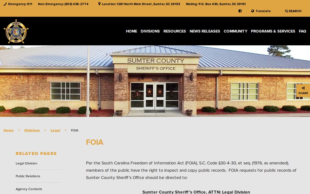 Sumter County booking-record request and FOIA information